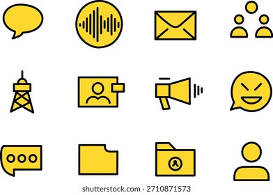 Communication, Messaging, and Media Interface Icon Set in Yellow Outline Style