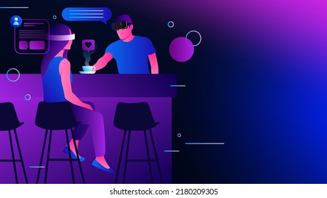 Communication in Metaverse. Online Dating, Coffee Shop Conceptual Illustration. Vector illustration