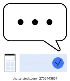 Comunicación, App móviles, mensajería, tecnología, interfaz de usuario, verificación en línea. Una burbuja de discurso con puntos, interfaz móvil e icono de marca de verificación. Concepto de comunicación y App móviles