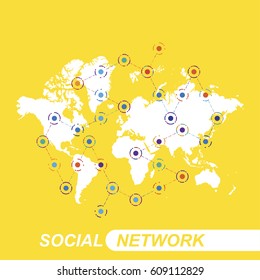 Communication molecule flat vector illustration on background world map. Social network concept.