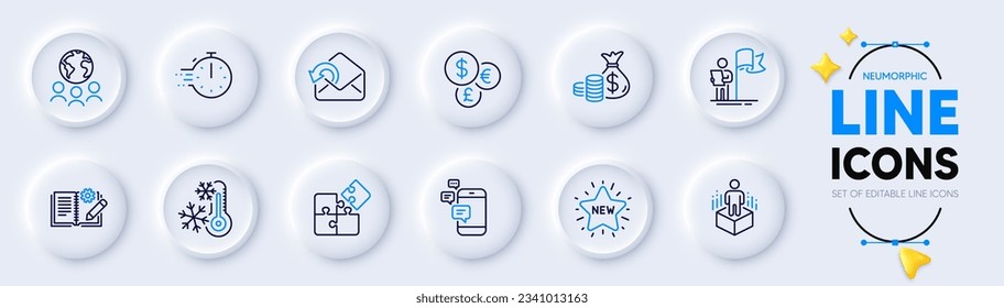 Communication, Money currency and New star line icons for web app. Pack of Global business, Coins bag, Freezing pictogram icons. Leadership, Engineering documentation, Cooking timer signs. Vector