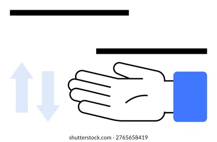 Communication, motion , nonverbal cues, instruction, navigation, interaction design. A hand with directional arrows and black horizontal lines. Communication and motion ation in visual format