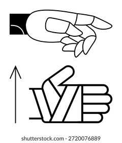 Comunicação, indicação de movimento, gestos, projeto instrucional, iconografia, comunicação instrucional. Contorno de um gesto de mão e polegar envolvido com uma seta para cima. Comunicação