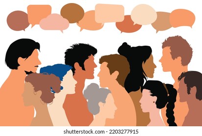 The communication of multiethnic people. Crowd talking. Information and ideas sharing. Vector cartoon. A group of people speaking and discussing. Speech bubbles and dialogue. A group of families.
