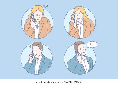 Communication, negotiation, good news, bad news set concept. Young business man got good news. Young businesswoman got bad news. Boy and girl communicate, negotiate with each other. Simple flat vector