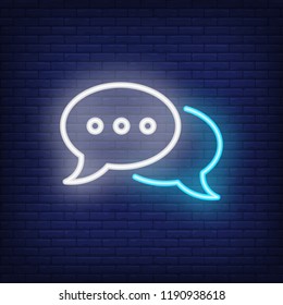 Communication neon sign. Luminous signboard with speech clouds. Night bright advertisement. Vector illustration in neon style for conversation and messaging