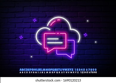 Communication neon sign. Luminous signboard with speech clouds. Night bright advertisement. Vector illustration in neon style for conversation and messaging