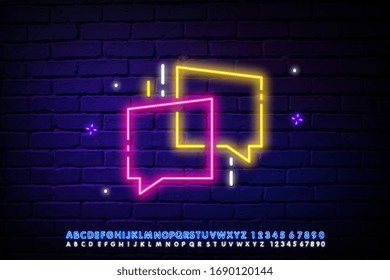 Signo de neón de comunicación. Signo luminoso con mensajes de voz. Publicidad nocturna brillante. Ilustración vectorial en estilo neón para conversación y mensajería