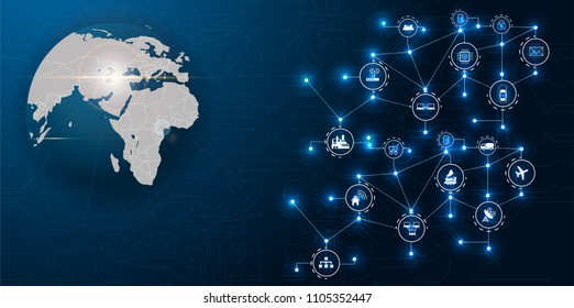 Communication network around Earth used for worldwide international connections for finance, banking, internet, IoT and cryptocurrencies, fintech concept, 