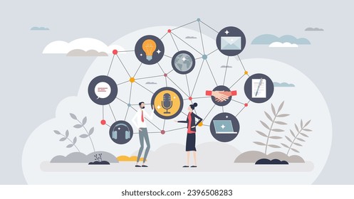 Communication network and business contact connections tiny person concept. Use various communication channels for agreement discussion and corporate sale or deal closure vector illustration.