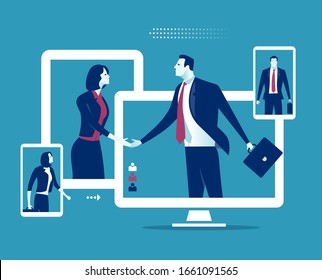 Communication And Network Concept. Business Persons Shaking Hands Through Display. Business Vector Illustration