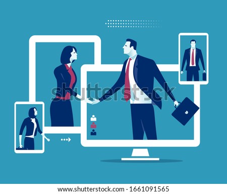 Communication and network concept. Business persons shaking hands through display. Business vector illustration