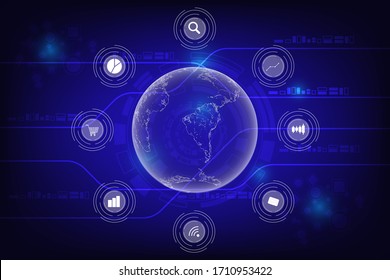 Communication and network concept. Transparent earth with application and icon on virtual screen and blue background technology.