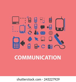 communication, network, connection icons, signs, illustrations, silhouettes set, vector