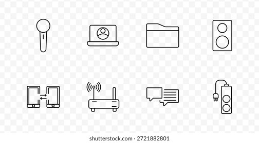 Icono de conjunto de comunicación y red. Los iconos de línea muestran micrófono, computadora portátil, carpeta, altavoz, transferencia de teléfono inteligente, enrutador, burbuja de chat y extensión de energía relacionada con herramientas digitales.