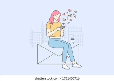 Communication, network, technology concept. Young woman girl teenager blogger character using smartphone with social media app for sending messages putting likes online. Addiction to remote chatting.