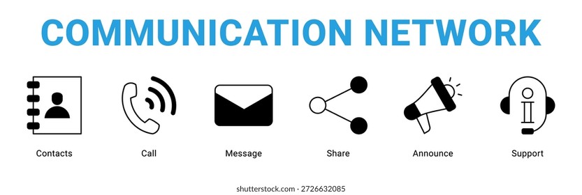 Communication Network web banner icon concept, with Contacts, Call, Message, Share, Announc.