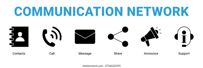 Communication Network web banner icon concept, with Contacts, Call, Message, Share, Announc.