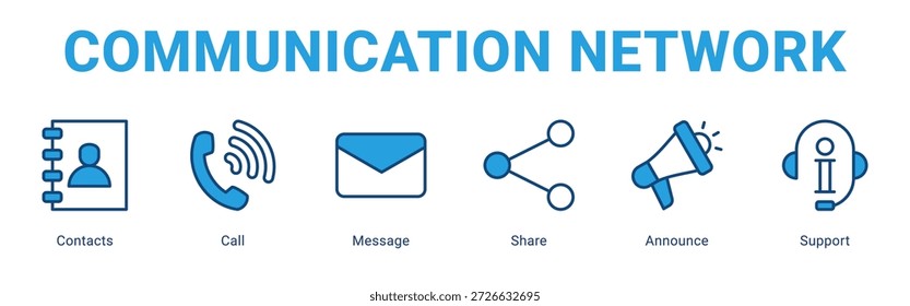Communication Network web banner icon concept, with Contacts, Call, Message, Share, Announc.
