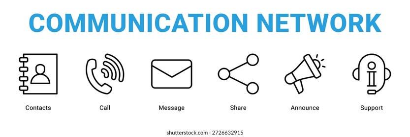 Communication Network web banner icon concept, with Contacts, Call, Message, Share, Announc.