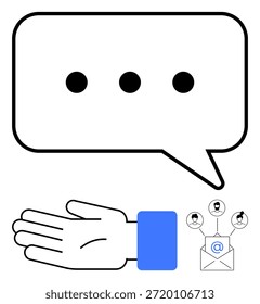 Communication, networking, collaboration, outreach, messaging, digital connections. Hand gesture with speech bubble and email icon connecting user profiles. Communication and networking concept