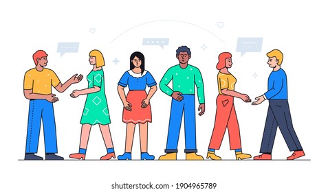 Communication and networking - colorful flat design style illustration with line elements on white background. A composition with a group of people, men and women talking, shaking hands, chatting