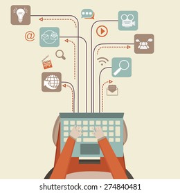 Communication and networking concept with illustration of human hand working on laptop and different social media icons.