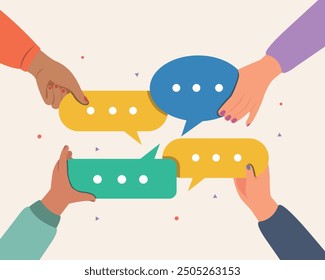 Communication, networking, social media, web community, for web banner, social media banner, Hands holding speech bubbles.