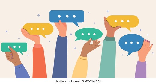 Comunicación, networking, medios sociales, comunidad de Web, para Anuncio de Web, Anuncio de medios sociales, manos que sostienen burbujas de discurso.