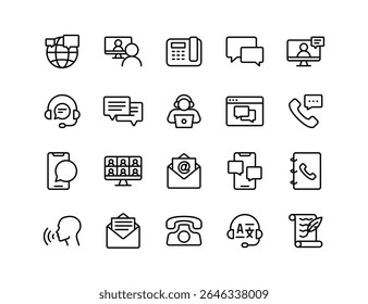 Conjunto de Ícones de Vetor de Comunicação e Rede | Espessura ajustável da linha | Rede global, chamada de vídeo, fax, chat, suporte ao cliente, mídia social, e-mail, smartphone, tradução, ícones de comando de voz
