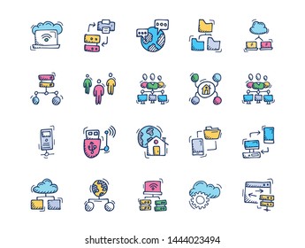 Communication, Networking and Web hosting icons. Sketch