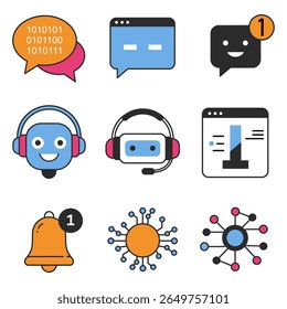 Communication and Notification Icons: Nine Colorful Technology Symbols Including Chat Bubbles, Robot Assistant, Headset, Notification Bell, Circuits, and Network Connections