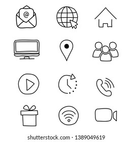 communication objects or icons set/ cartoon vector and illustration, hand drawn style, black and white, isolated on white background.