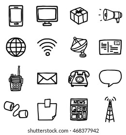 communication objects or icons set/ cartoon vector and illustration, hand drawn style, black and white, isolated on white background.