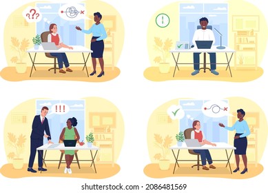 Communication In Office 2D Vector Isolated Illustration Set. Productive Teamwork. Coworker Interacting Flat Characters On Cartoon Background. Corporate Workplace Colourful Scene Collection