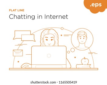 Communication on the Internet by the lines of flat. Girl with laptop correspondence with boy.