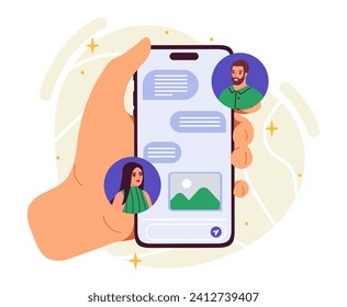 Communication on Internet concept. Hand with smartphone. Messages in social networks, interaction in messengers. Online chatting and dialogue between man and woman. Cartoon flat vector illustration