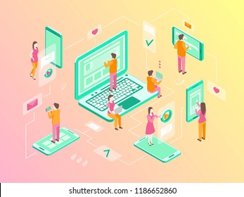 Communication on Internet People Concept 3d Isometric View Include of Laptop and Mobile Phone Device. Vector illustration