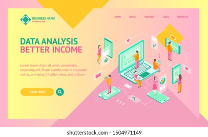 Communication on Internet People Concept Landing Web Page Template 3d Isometric View Include of Laptop and Mobile Phone Device. Vector illustration