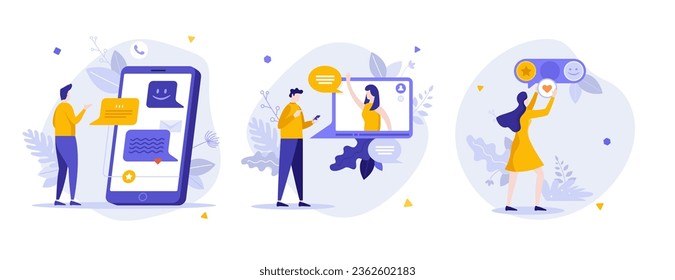 Communication on social media flat concept vector illustrations set. Digital chats and reaction on content online cartoon composition. Internet connection idea for website, mobile, presentation