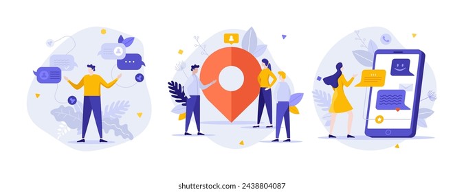 Conjunto de ilustraciones de vector de concepto plano de comunicación en red social. Chatear y elegir la ubicación de la reunión amigos composición de dibujos animados. Idea creativa de la tecnología de Internet para el sitio web, presentación