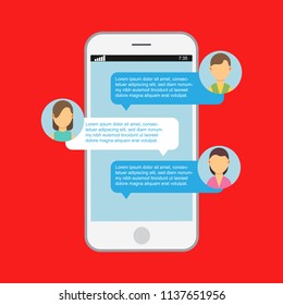 Communication online chat. Web notification messenger mobile speech isolated. App website dialog phone vector. Display message on device screen. Social bubble discussion smartphone application media. 