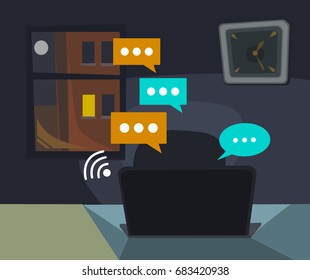 Communication online night chat. Vector flat cartoon illustration