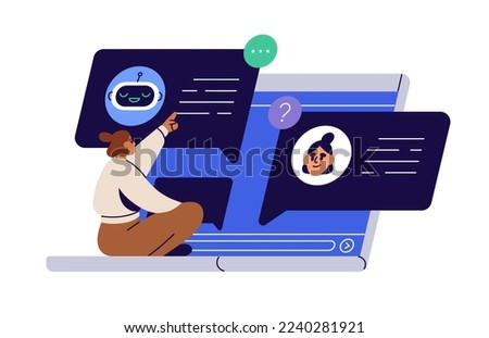 Communication and online support of AI chatbot, robot vs live chat, human assistant. Customer asking for virtual help, information in bot. Flat graphic vector illustration isolated on white background