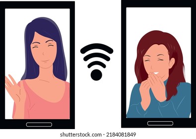 Communication, online work, girls friendship on the phone. Vector flat