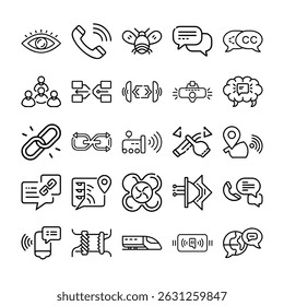  Symbolsatz für Kommunikationsgliederung. Symbolsatz für die digitale Marketingkontur. Kunde, Werbefachmann der Gemeinschaft