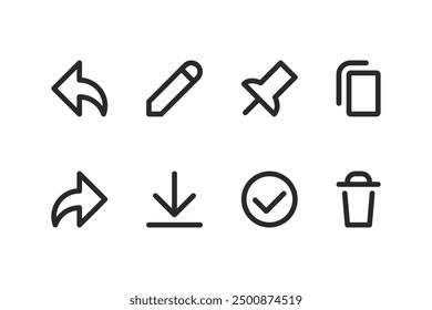 Communication outlined buttons set. Reply, share, edit, download, pin, check, copy, delete vector icons in flat style