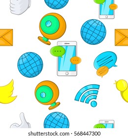 Communication over internet pattern. Cartoon illustration of communication over internet vector pattern for web