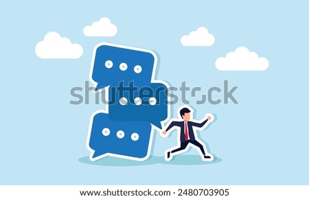 Communication overload  excessive messages, spam, inefficient discussions, or meetings, concept of A frustrated businessman flees from a collapsing stack of online speech bubbles