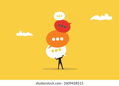 Communication overload, frustrated Businessman bring pile of virtual speech bubbles